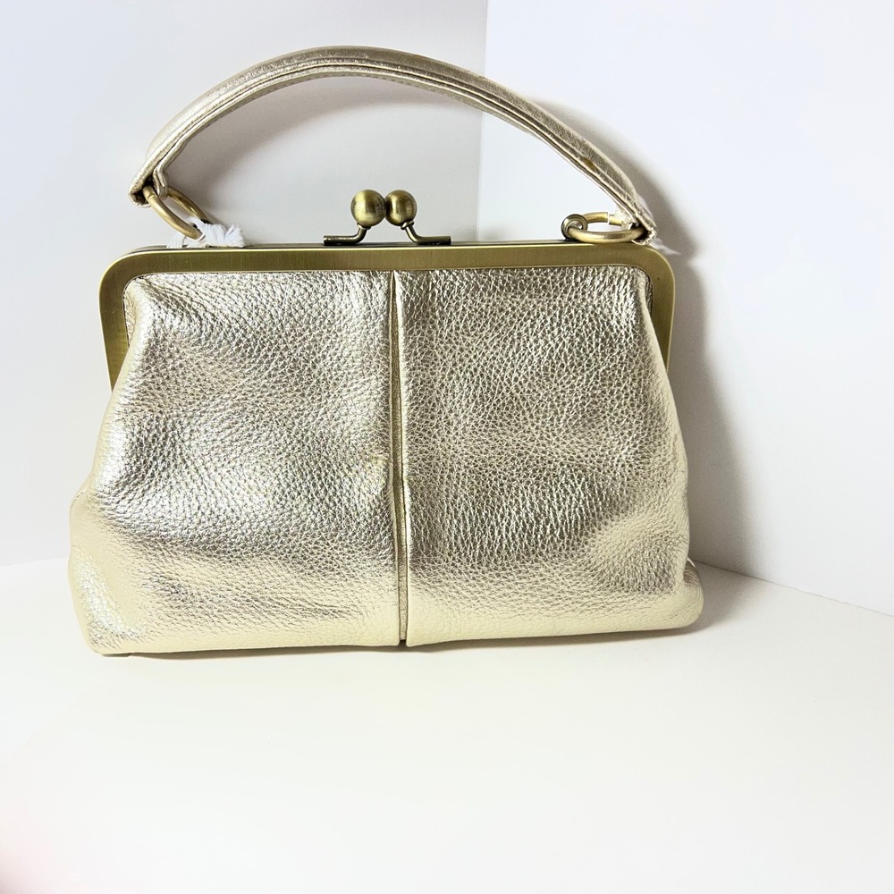 Taschenkinder Leather Handbag Crossbody Gold Kiss Lock NWT 6 x 10" Flaw